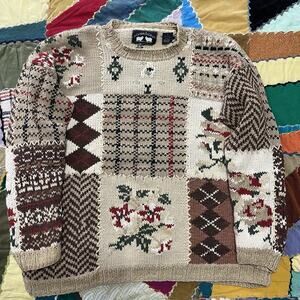 Vintage Woods and Gray Squared Pattered Kniited Tan Colored Sweater Medium